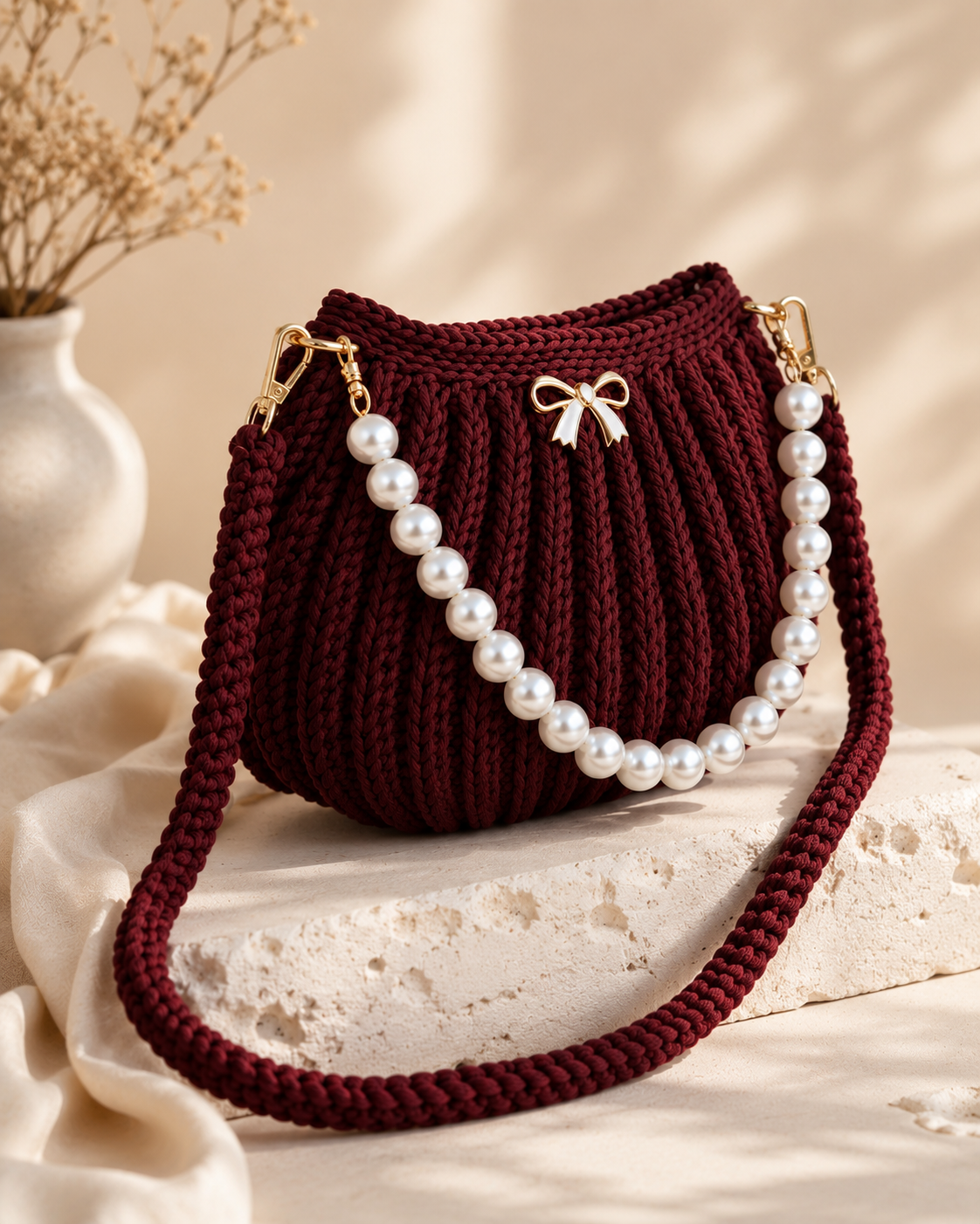 Pearl Bloom Crochet Shoulder Bag